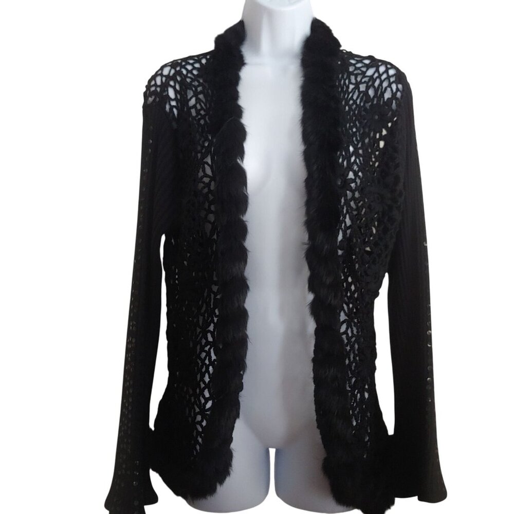 Ruby Cho Black Floral Knitted Faux Fur Sweater Sequin Open Front Romantic XL